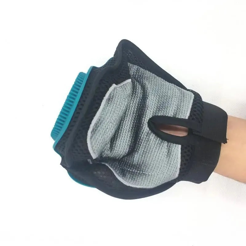 Soft silicone horse massage gloves for gentle hair removal and grooming, adjustable fit with hook and loop closure
