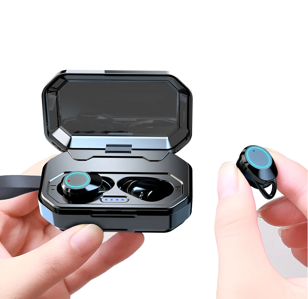 Black wireless Bluetooth 5.0 in-ear earbuds with ear hooks and charging case for iPhone and Android.