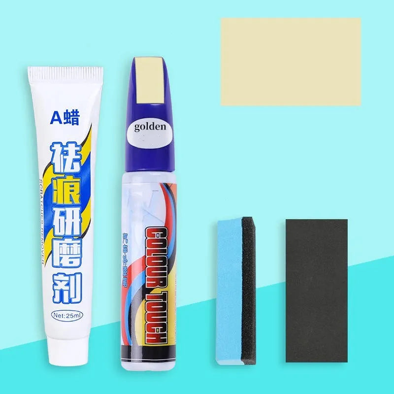 Automotive scratch repair kit with paint pen, wax, sponge, sandpaper in 10 colour options