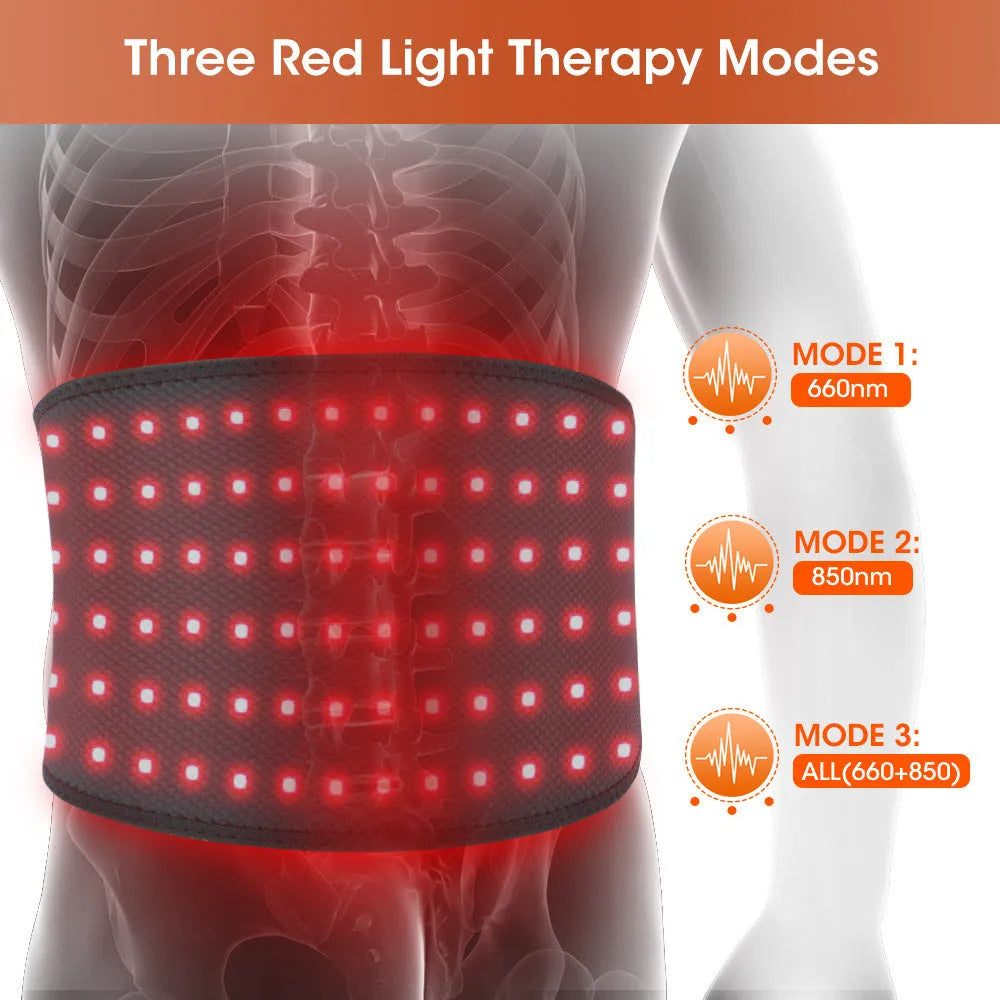 Grey neoprene electric waist therapy belt with red light panels and power cable.