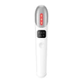 Pink EMS eye massager with micro electric current and heating for eye care, resting on a white surface