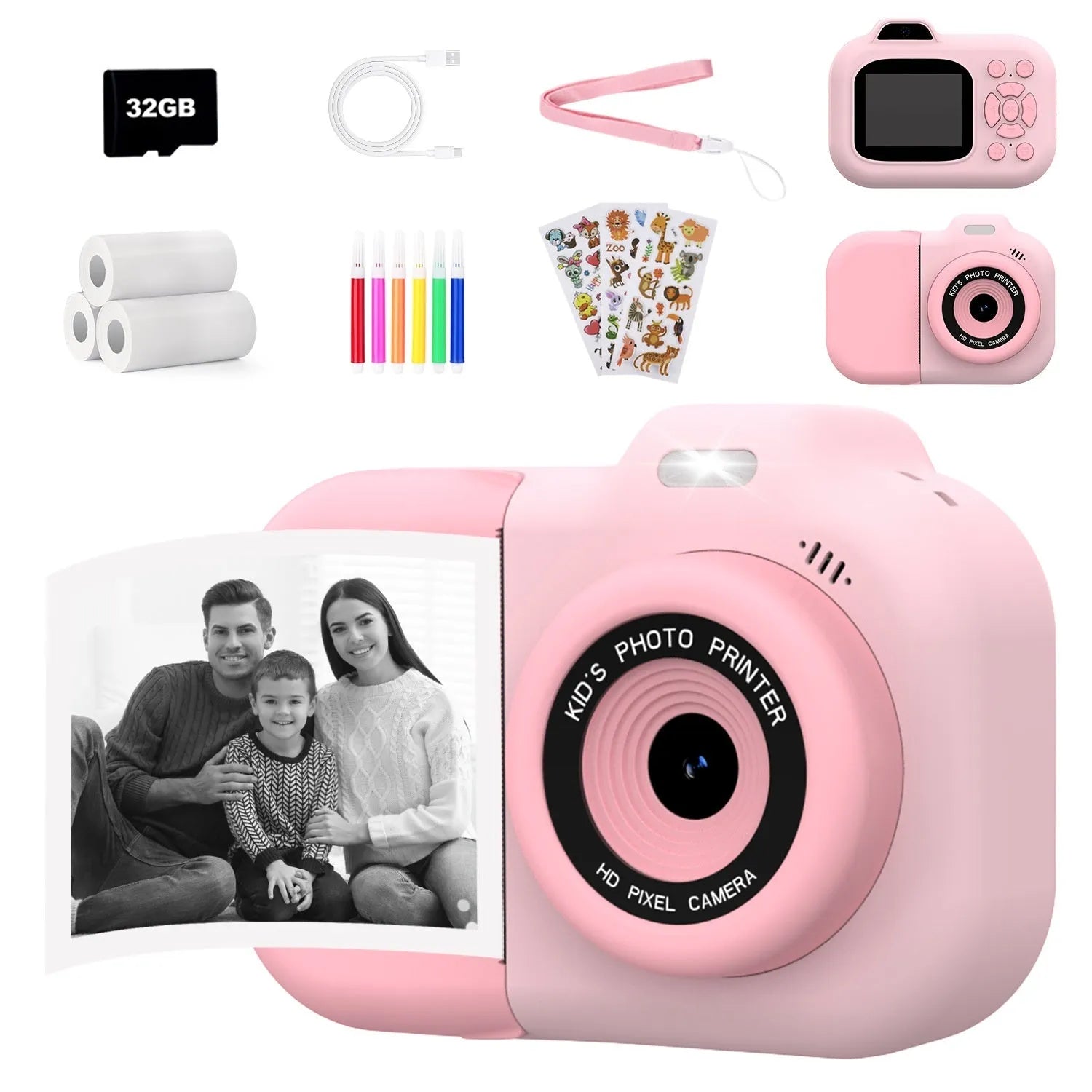 Children's plastic camera toy in pink, blue or purple colours with video recording and game functions