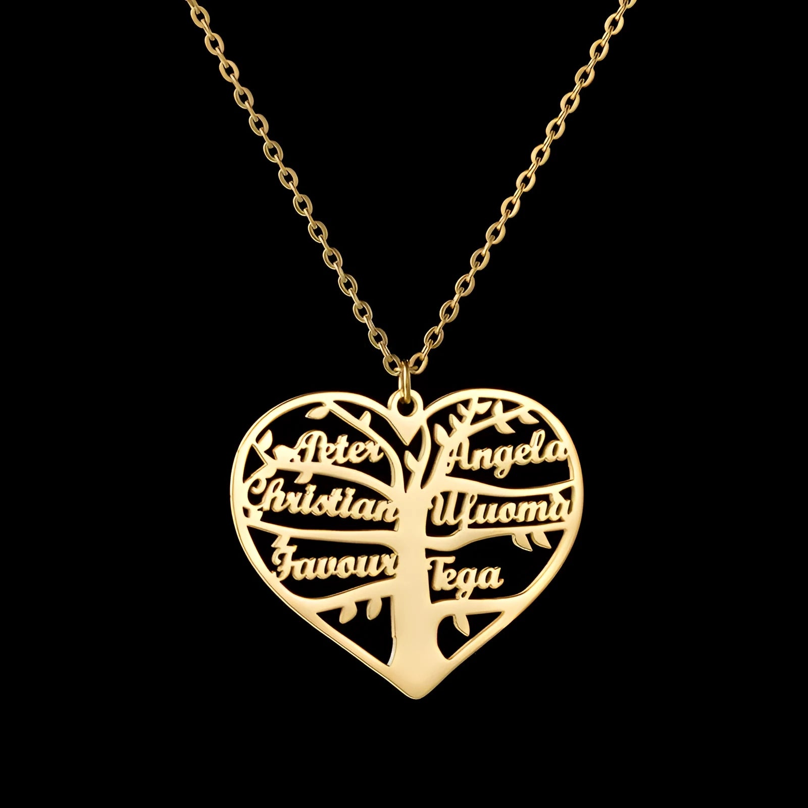 Custom name necklace with hollow heart and tree of life pendant in silver, gold, or rose gold finish.