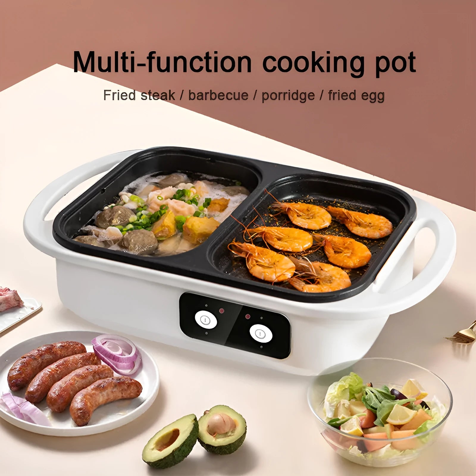 White electric casserole appliance with dual hot pot and frying oven functions on kitchen counter