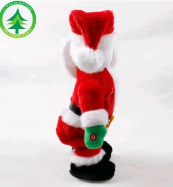 Red cloth electric Santa toy with hip-shaking motion and music, 46 cm tall, in gift box packaging