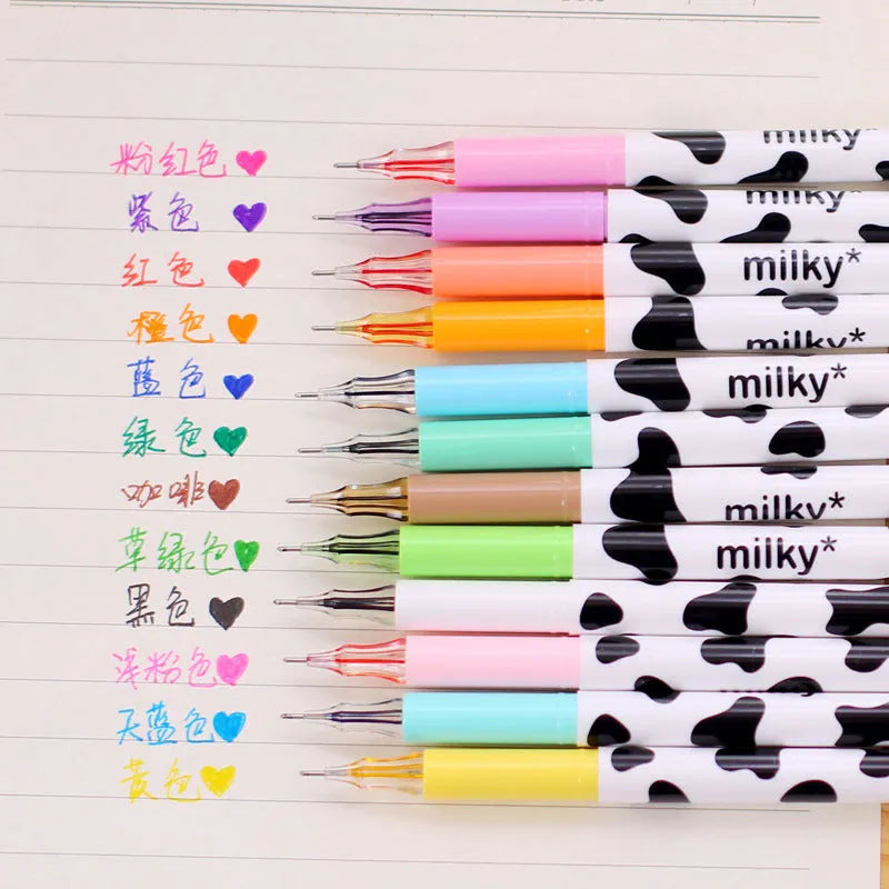 Set of 12 cow pattern gel pens with 0.38mm fine tips in assorted colours.