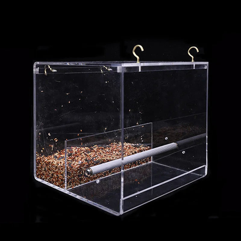 Clear acrylic parrot food box with non-toxic material, available in small, medium and large sizes