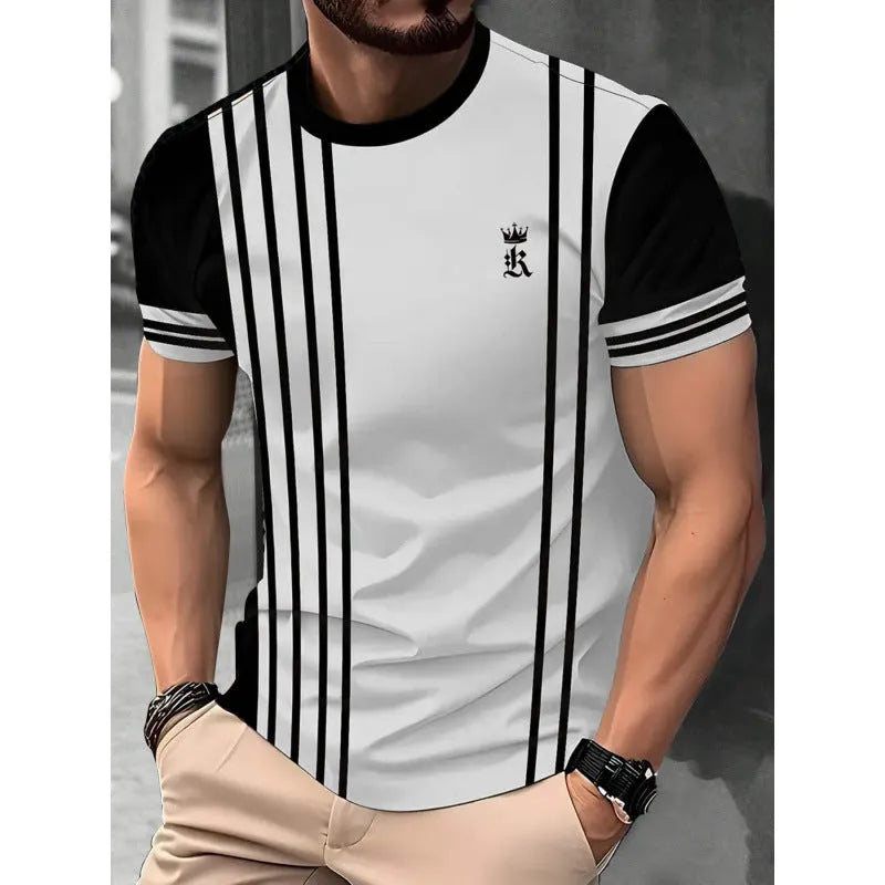 Men's loose short-sleeve T-shirt with digital 3D printed stripe pattern on polyester fabric.
