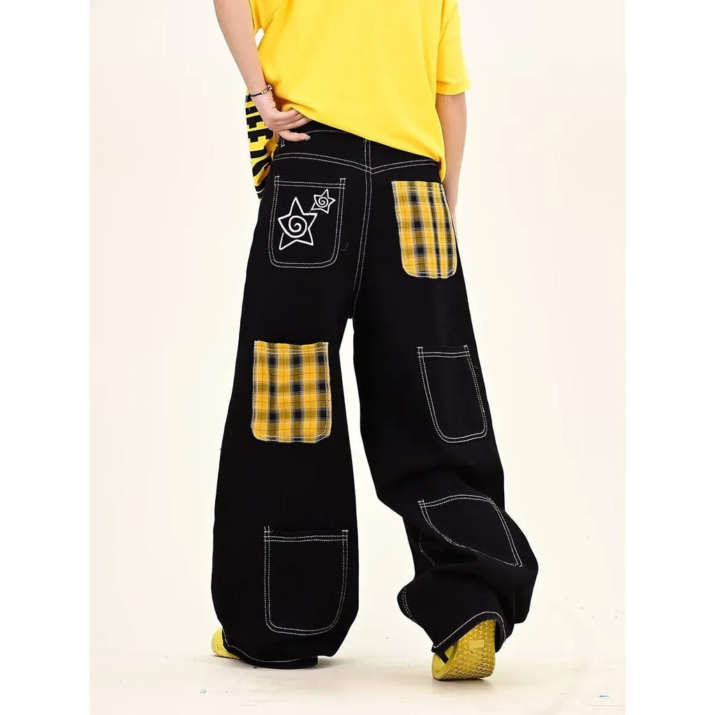 Black personalised letter jeans mid waist cotton denim hip hop trousers zip placket