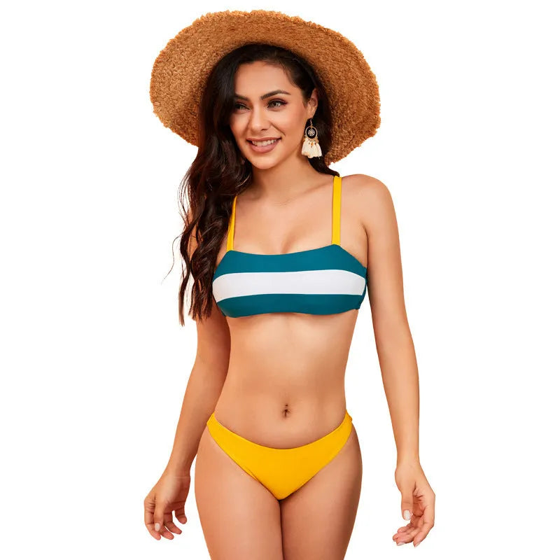 Yellow striped suspender triangle bikini set for women in nylon, front view showing top and bottom