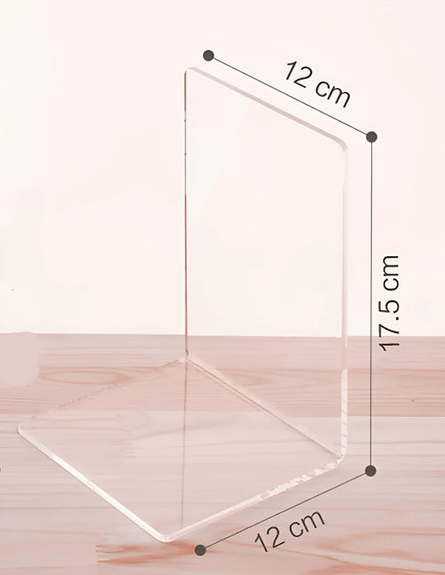 Transparent acrylic bookshelf displaying books on desk
