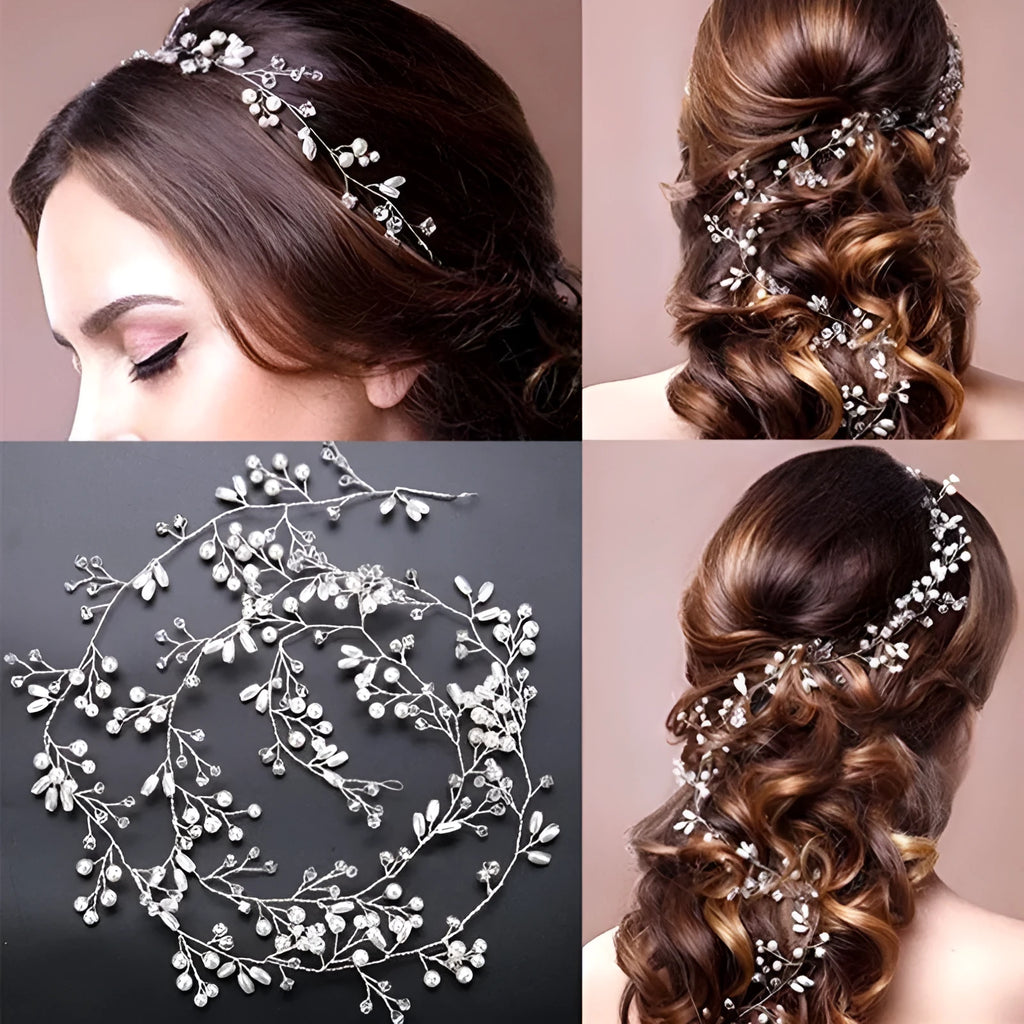 Bridal long hair band with crystals and pearls on a silver wire, shown coiled.