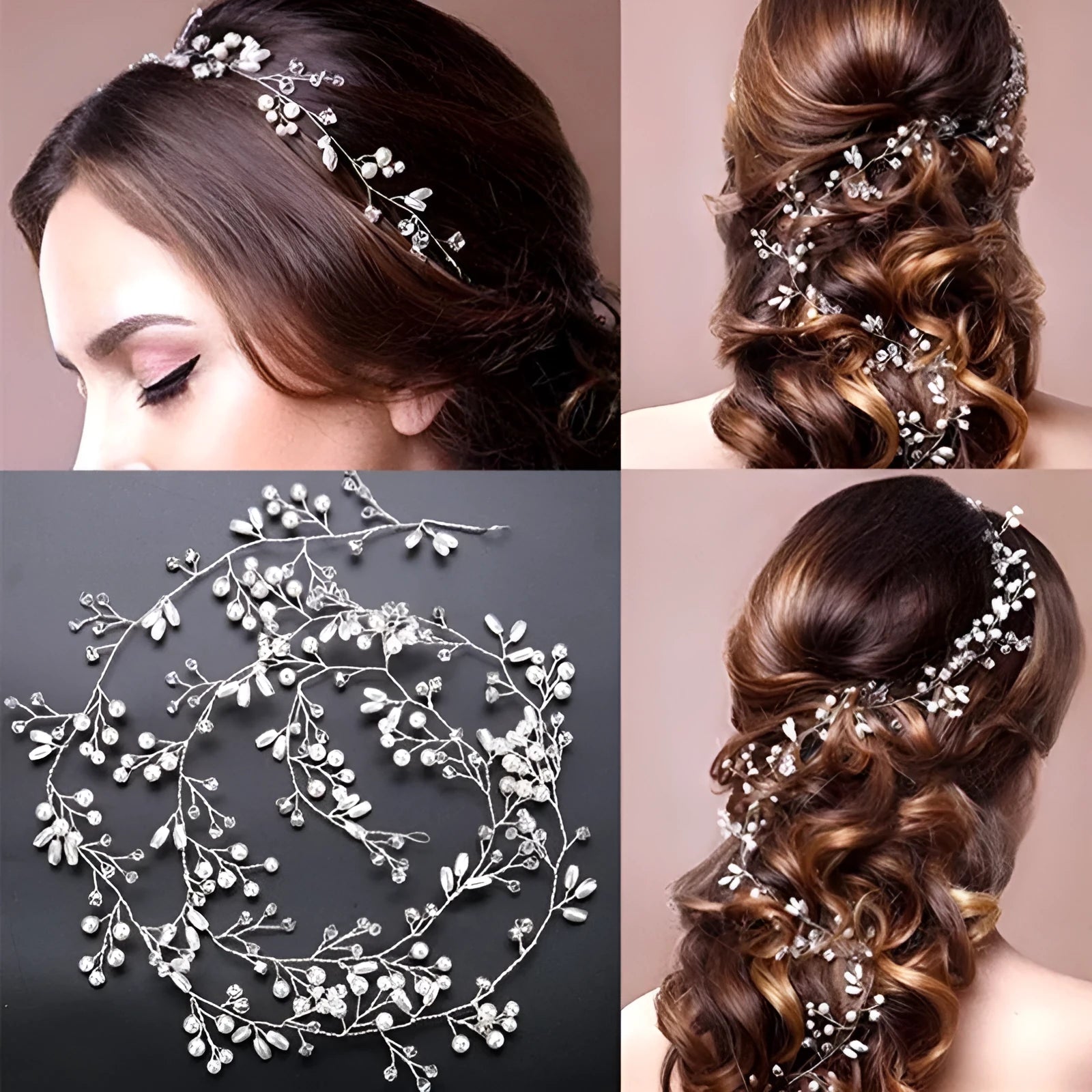 Bridal long hair band with crystals and pearls on a silver wire, shown coiled.
