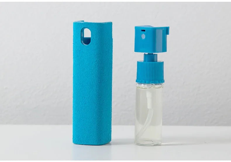 Blue LCD screen cleaner 10ml bottle with microfiber cloth on white background