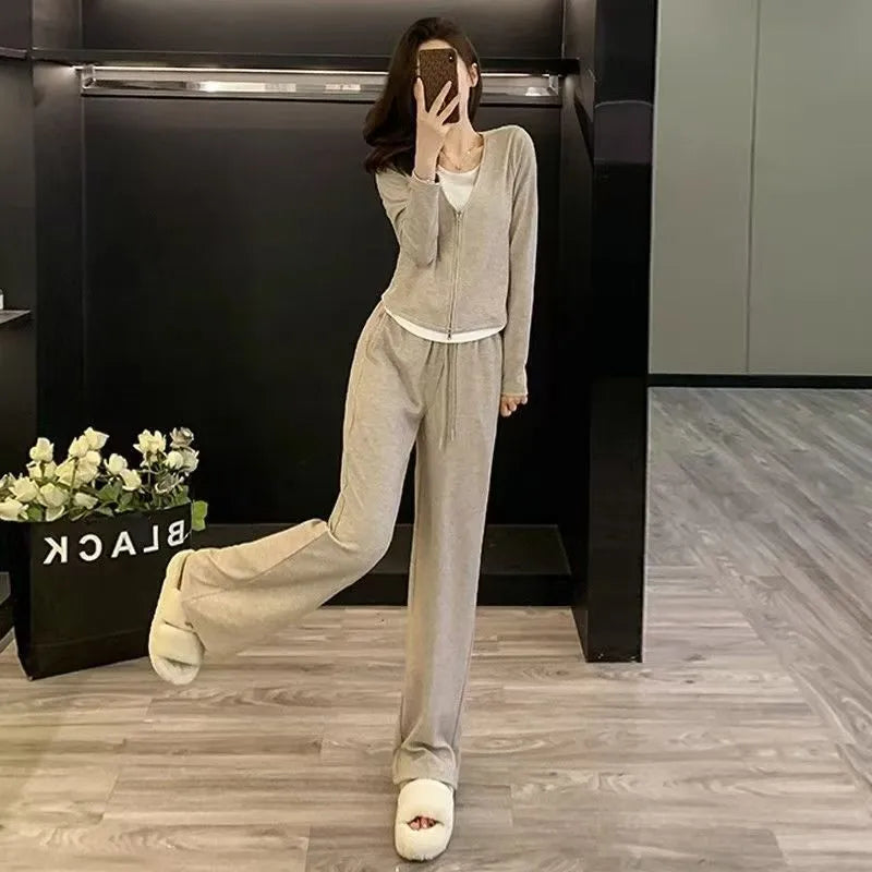 Women's casual sportswear suit solid colour long sleeve top and trousers autumn Japanese Korean style