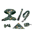 Adjustable cloth pet harness set with six accessories including chest harness, leash, collar, waste bag, bow tie, and triangular scarf