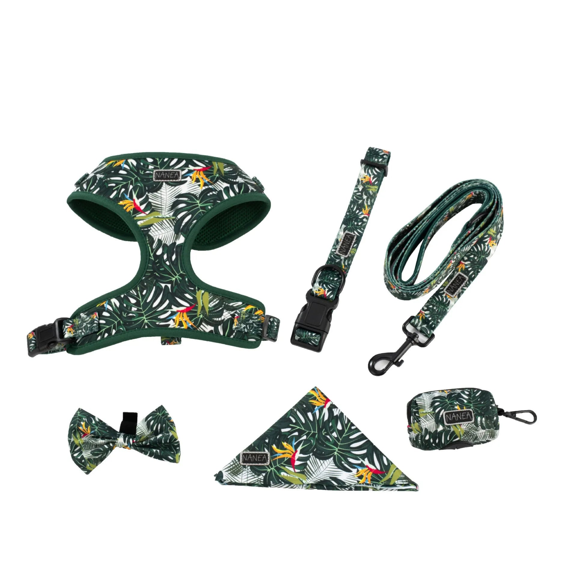 Adjustable cloth pet harness set with six accessories including chest harness, leash, collar, waste bag, bow tie, and triangular scarf