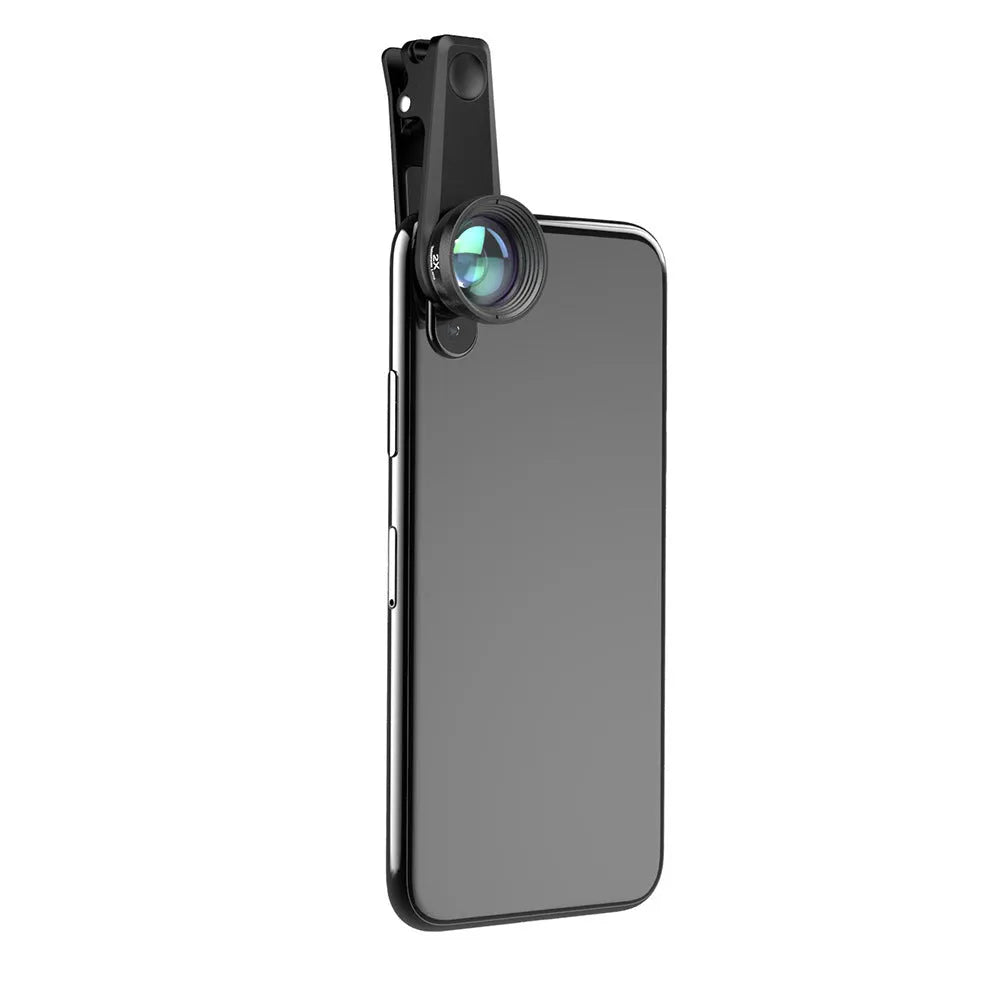 Black 6-in-1 smartphone camera lens kit with fisheye, macro, wide angle, telephoto, CPL and star filter lenses and a universal clip.