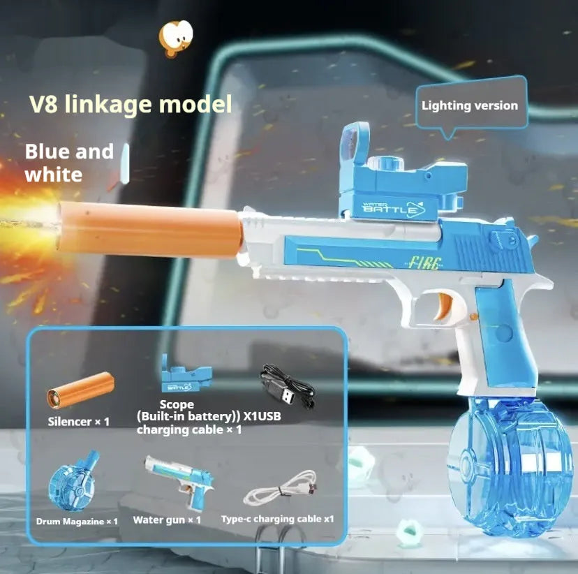 Fire light effect electric water gun with continuous spray, blue colour option, plastic toy for teenagers
