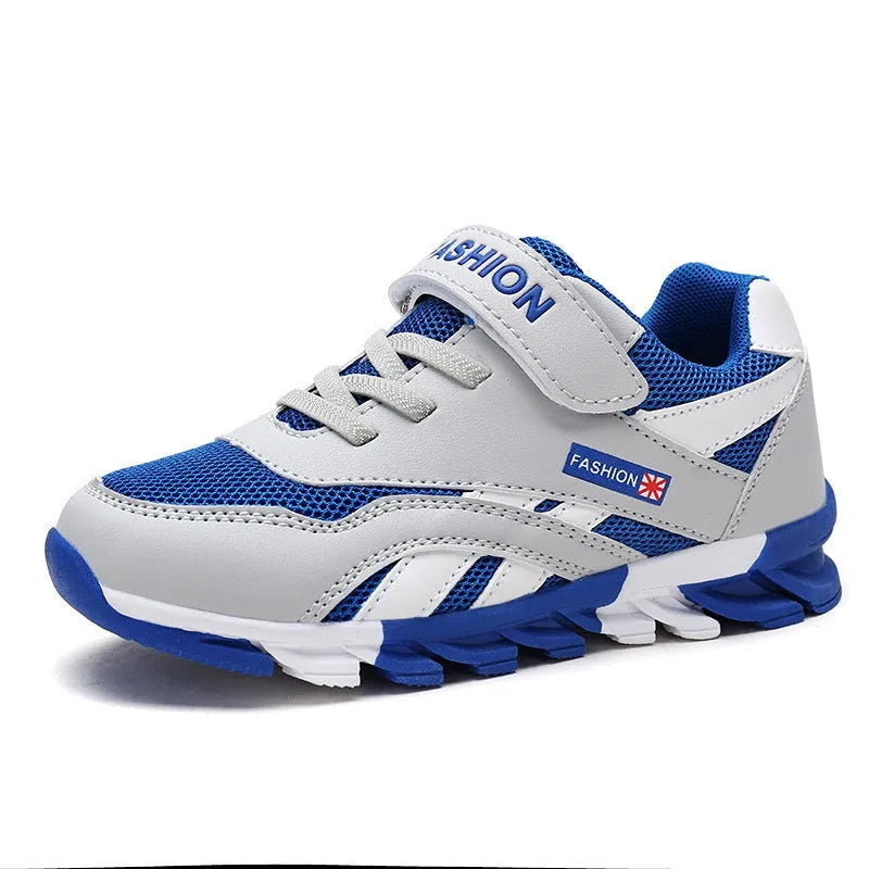 Children's cotton magic sports running shoes with Velcro fastening in grey leather surface