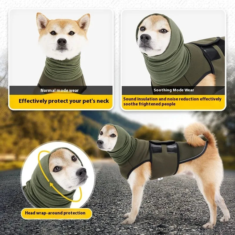 Dog wearing polyester anti-anxiety jacket in army green colour, sizes available from XS to XXXL