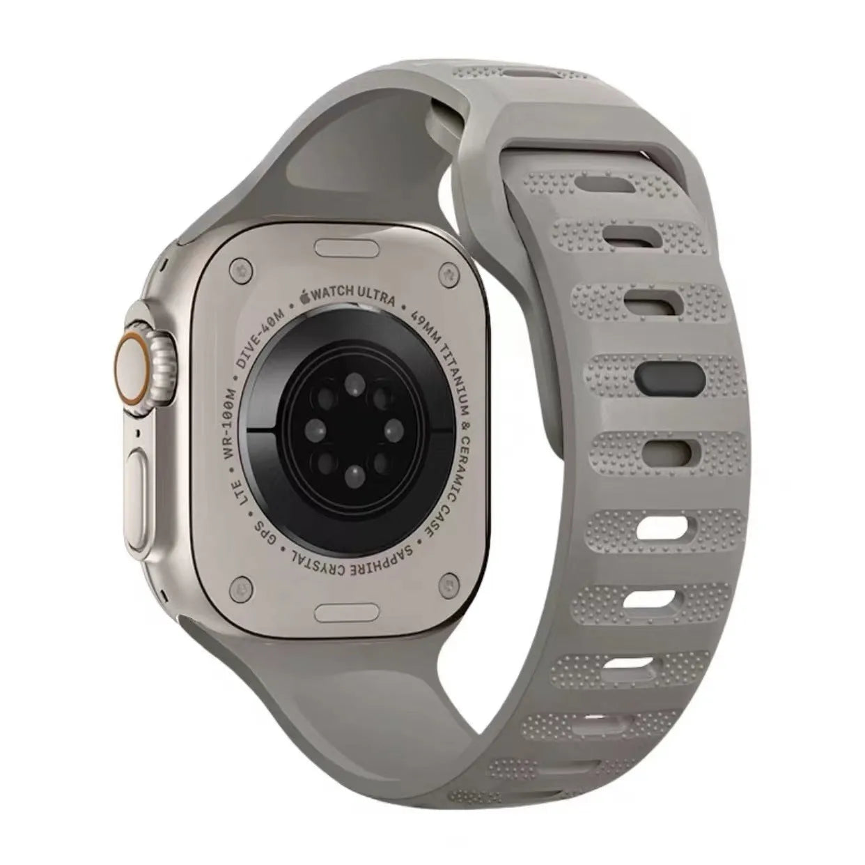 Black fluoro rubber Apple Watch strap with T-buckle closure shown detached from watch.