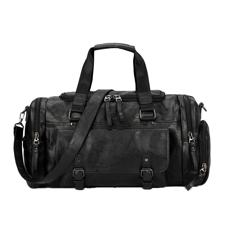 Large black PU travel bag with a dedicated shoe compartment, shown with dimensions of 52cm by 19cm by 27cm.