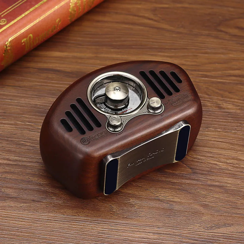 FMAM portable Bluetooth speaker in walnut finish with USB interface and control buttons