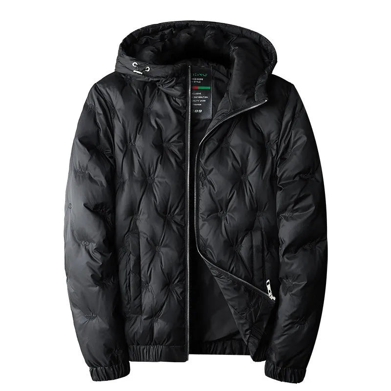Men's plus size hooded down jacket in black with embroidered detail, winter casual Korean style coat for larger builds