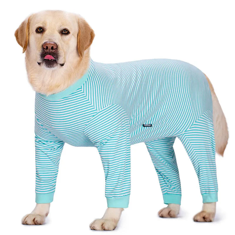Striped polyester dog shirt for golden retrievers and labradors in sky blue, brown, or black dark blue stripe colours