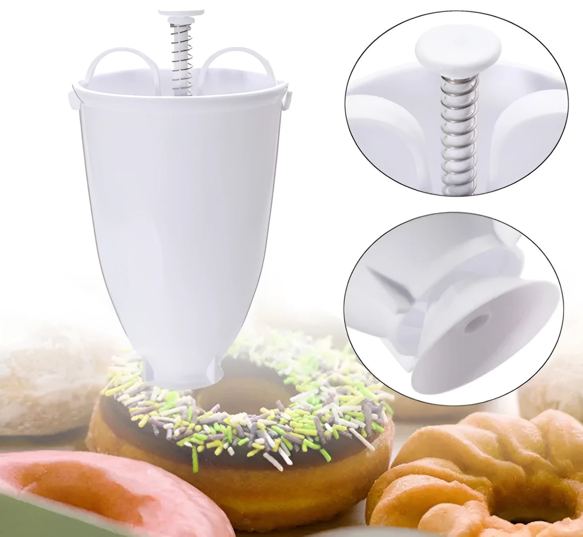 Plastic doughnut maker dispenser with 9.5 cm diameter and 18 cm height for making homemade donuts