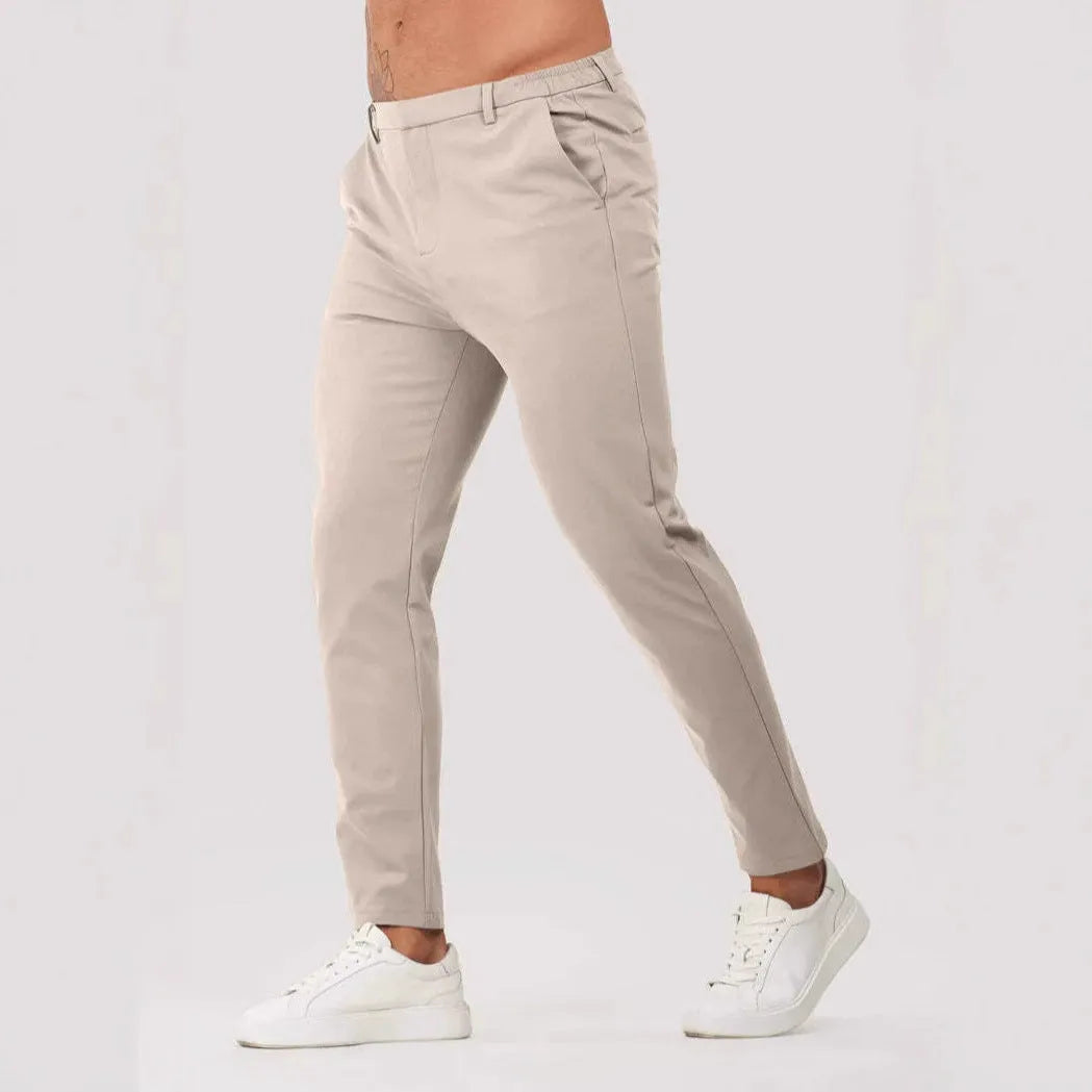 Men's solid colour straight leg suit trousers, mid waist button fly, polyester blend, five colours