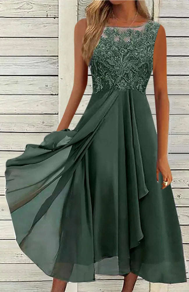 Women's sleeveless green chiffon dress with white stitching lace and hollow-out detail, mid-length skirt.