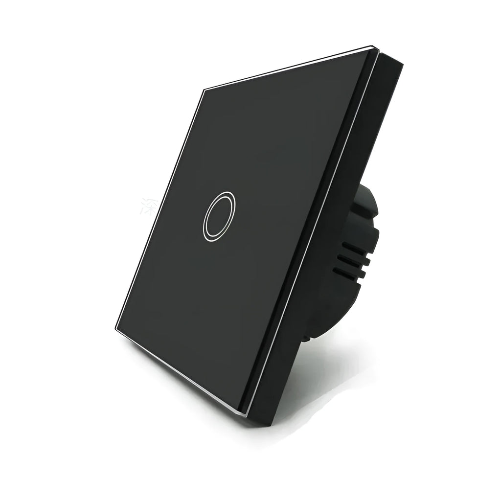 Touch light switch with tempered glass panel in black, gold or white for 220V lighting circuits