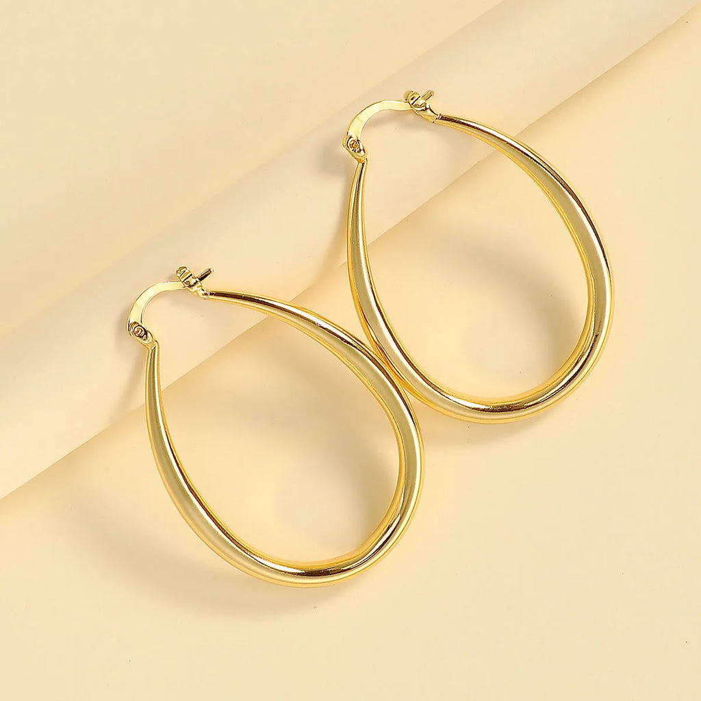 Geometric oval earrings for women, gold electroplated metal with alloy inlaid artificial gems
