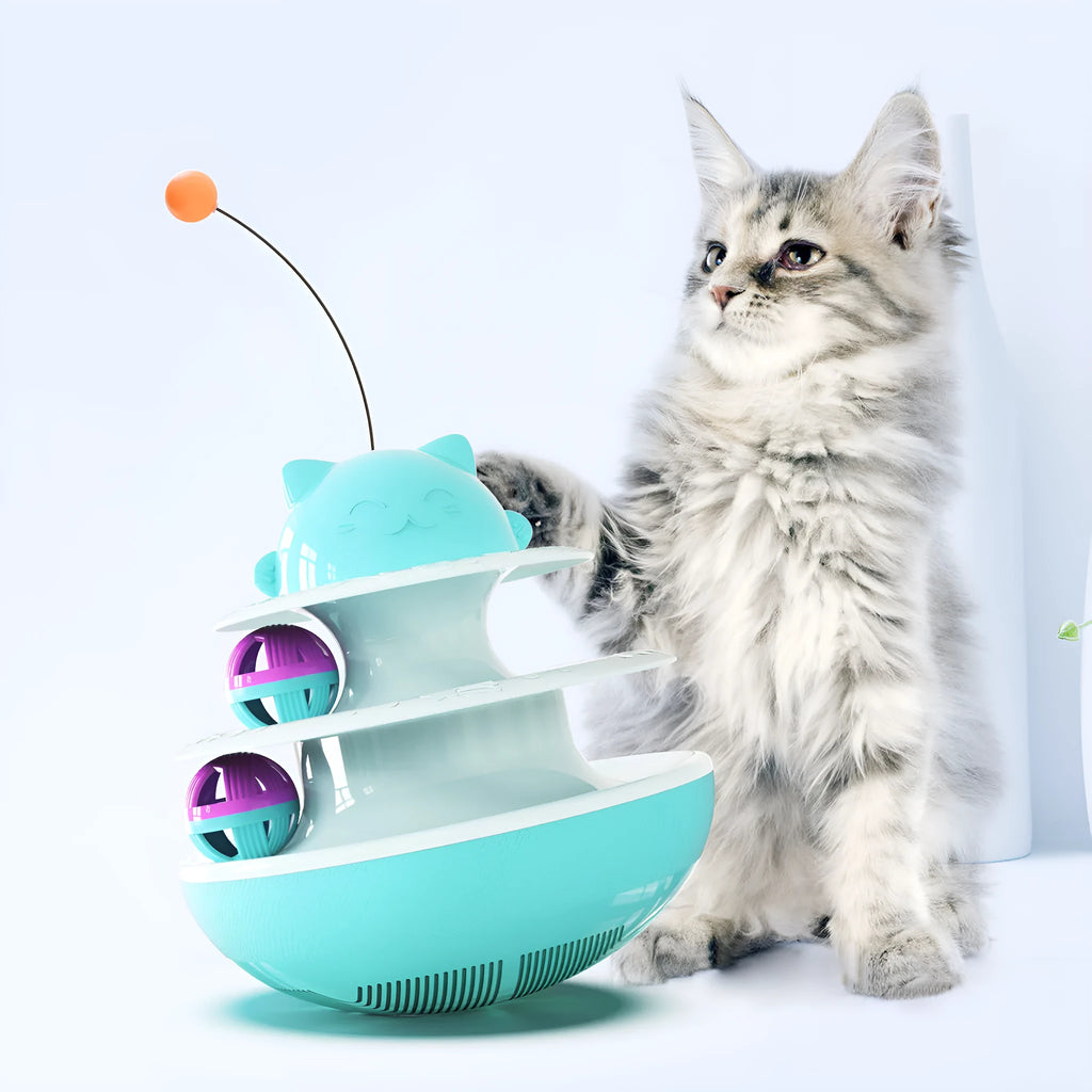 Cat track toy with plastic track and ball in lake blue, yellow, and green colour options