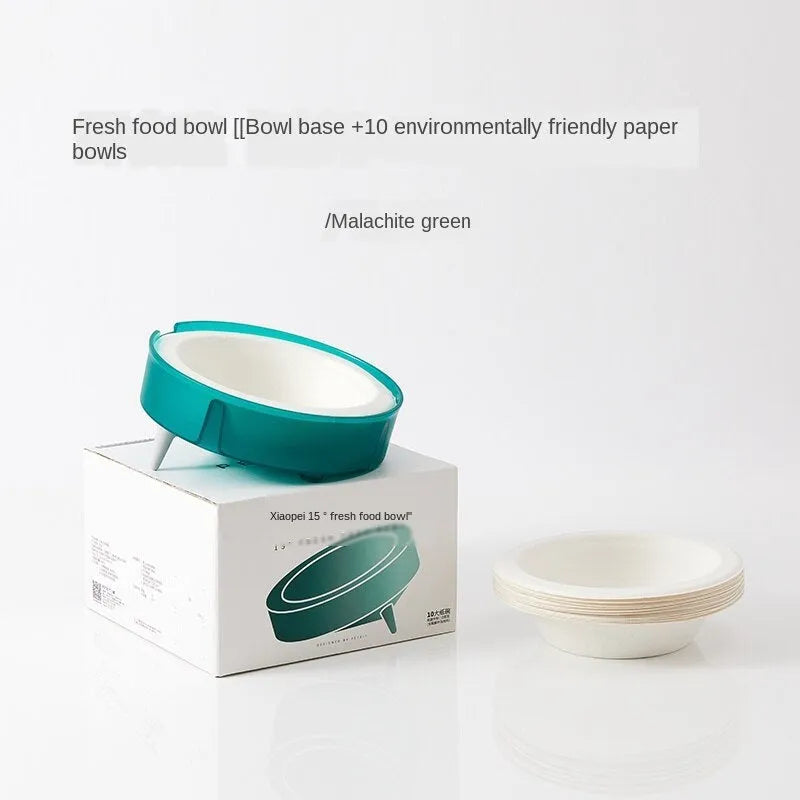 Cat disposable food bowl with green bowl base, disposable paper bowl, and non-slip foot pad, 17.8cm diameter