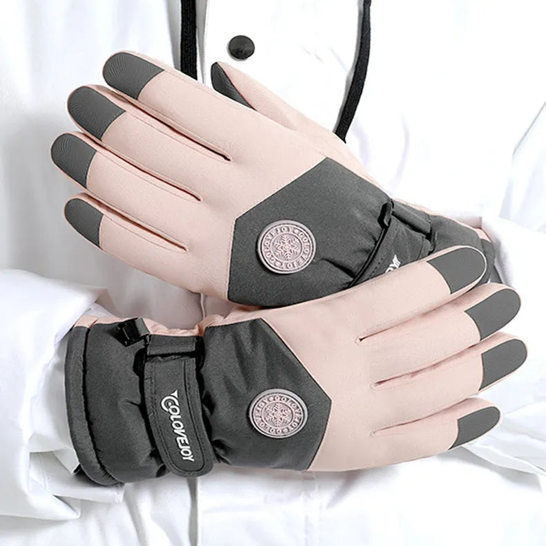 Snowflake cartoon print winter gloves with touchscreen fingertips in purple and grey colour options