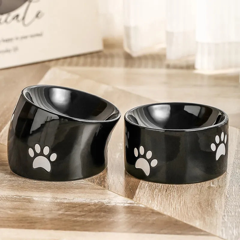 Ceramic cat food bowl with high foot and cat's paw print in chosen colour.