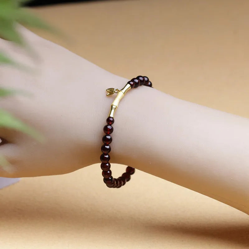 6mm garnet bamboo joint single ring bracelet with manual processing in copper or silver finish
