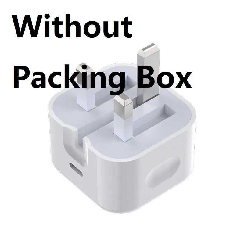White British 20W USB-C PD fast charger with multiple cable length options including 1m, 1.5m, and 2m