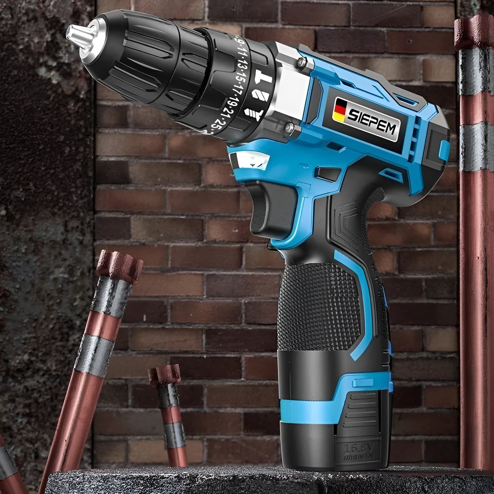 12V dual speed impact pistol drill electric screwdriver set in a plastic storage box.
