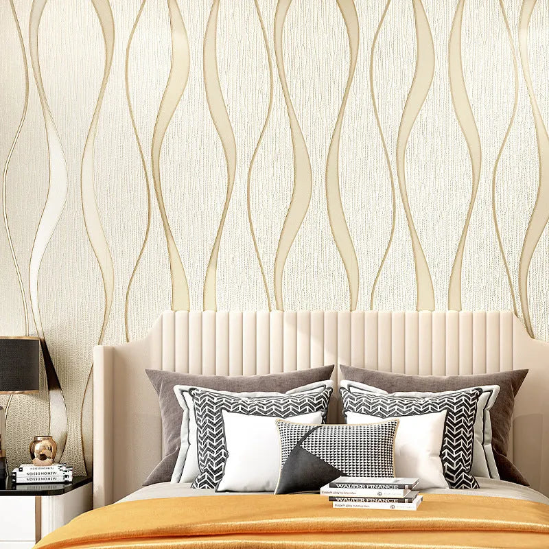Curve Stripe 3D textured wallpaper roll showing close-up of light grey velvet geometric pattern