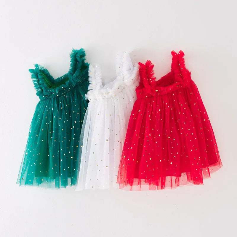 Girls Christmas star moon strapless sling dress in green, red or white, sizes 73cm to 130cm
