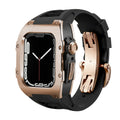 Stainless steel protective case strap with black fluororubber band and rose gold metal frame for Apple Watch 44mm