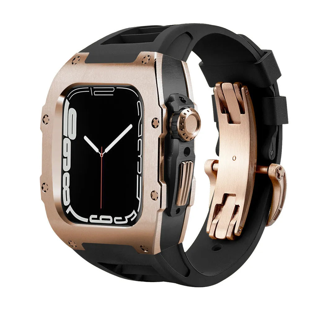 Stainless steel protective case strap with black fluororubber band and rose gold metal frame for Apple Watch 44mm