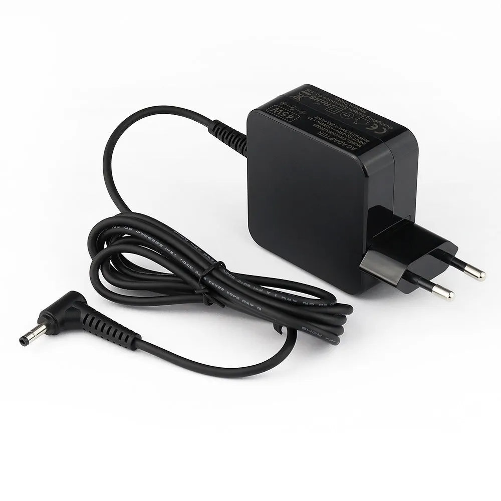 Black 45W laptop adapter with American DC connector measuring 99.3mm x 36.5mm x 61.8mm