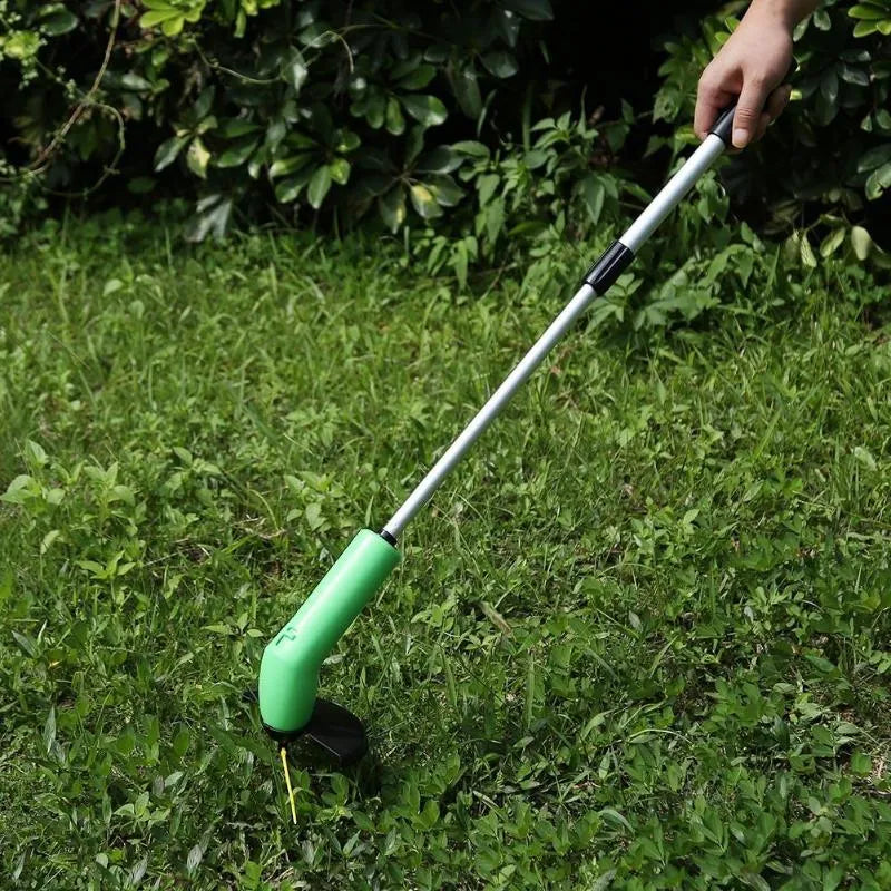 Cordless lawn trimmer with ABS nylon body, 37.5cm length, extension pole, and protective debris shield for garden weeding