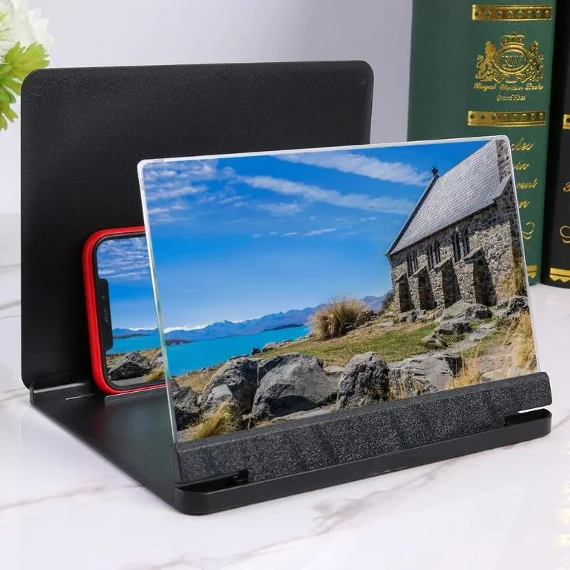 Black and white phone screen amplifier with 9 inch screen and built-in smartphone holder.