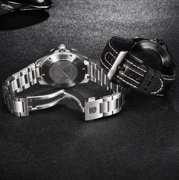 Men's mechanical watch PD-1617 with stainless steel bracelet and silver black dial